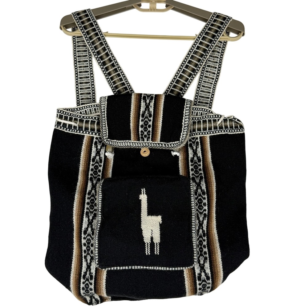 Peruvian Woven Llama Backpack Black Artisan Boho Andean Drawstring Bag